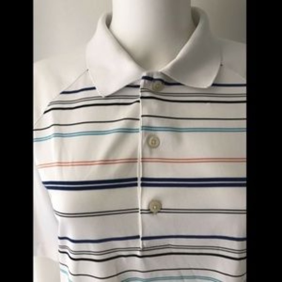 Greg Norman Play Dry Men's Golf Shirt White Striped Blue Red Short Sleeve Logo M - Picture 2 of 11